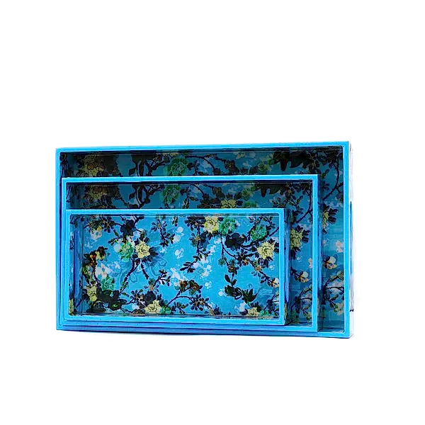 Çiçek Desenli Mavi Ahşap Tepsi Seti Küçük Boy