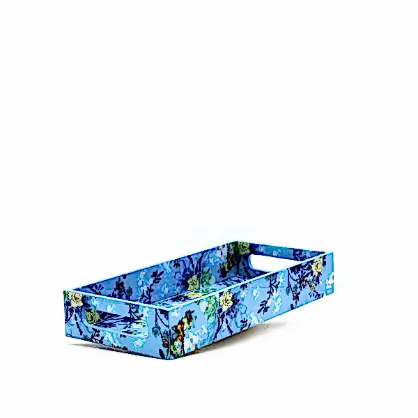 Çiçek Desenli Mavi Ahşap Tepsi Seti Orta Boy