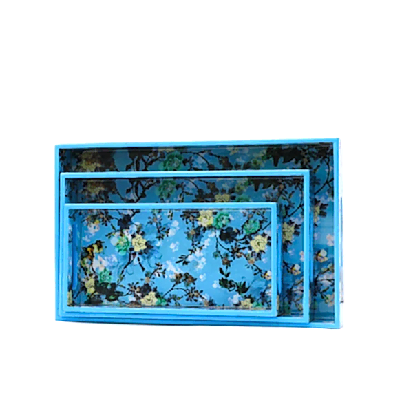 Çiçek Desenli Mavi Ahşap Tepsi Seti Orta Boy