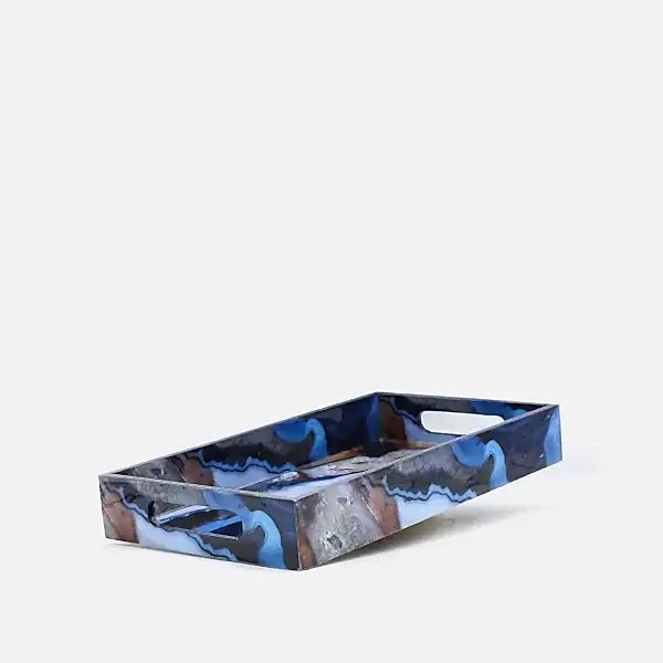 Mavi Desenli Ahşap Tepsi Orta Boy