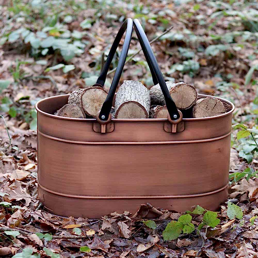 Bakır Çift Boru Kulplu Oval Odun Kovası