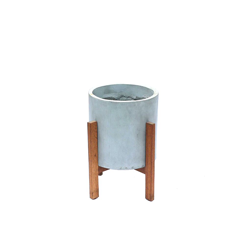 Berlin Ahşap Ayaklı Yuvarlak Beton Saksı M Gri