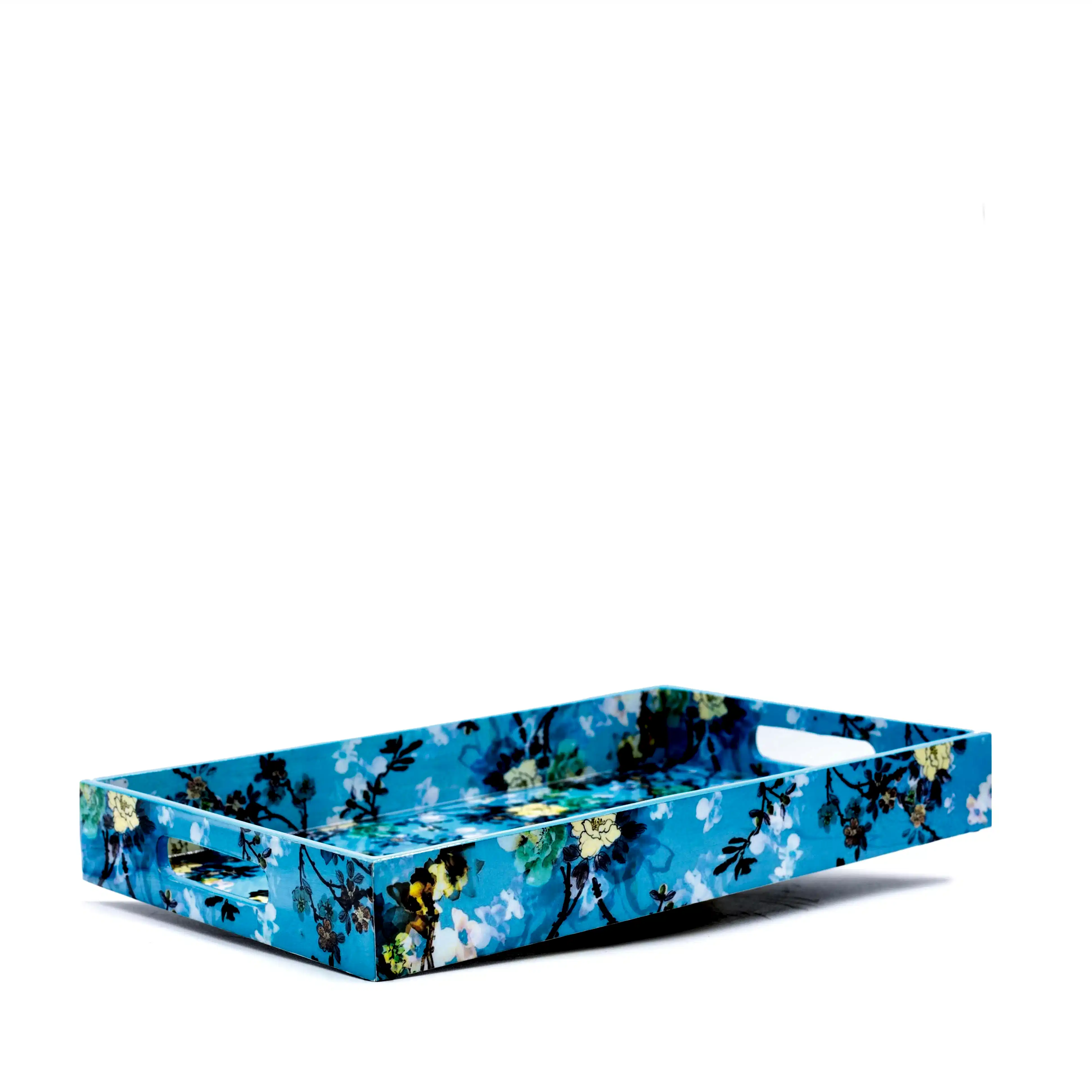 Çiçek Desenli Mavi Ahşap Tepsi Seti Büyük Boy