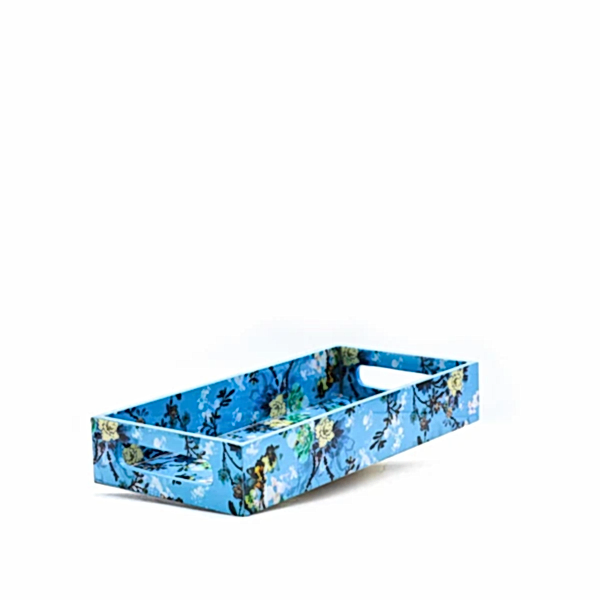 Çiçek Desenli Mavi Ahşap Tepsi Seti Küçük Boy