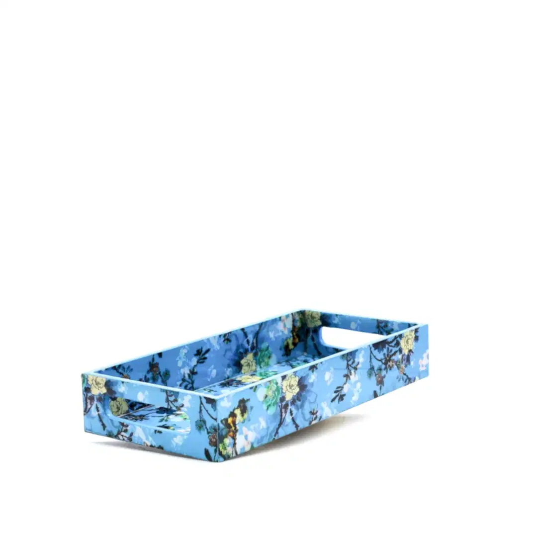 Çiçek Desenli Mavi Ahşap Tepsi Seti Küçük Boy