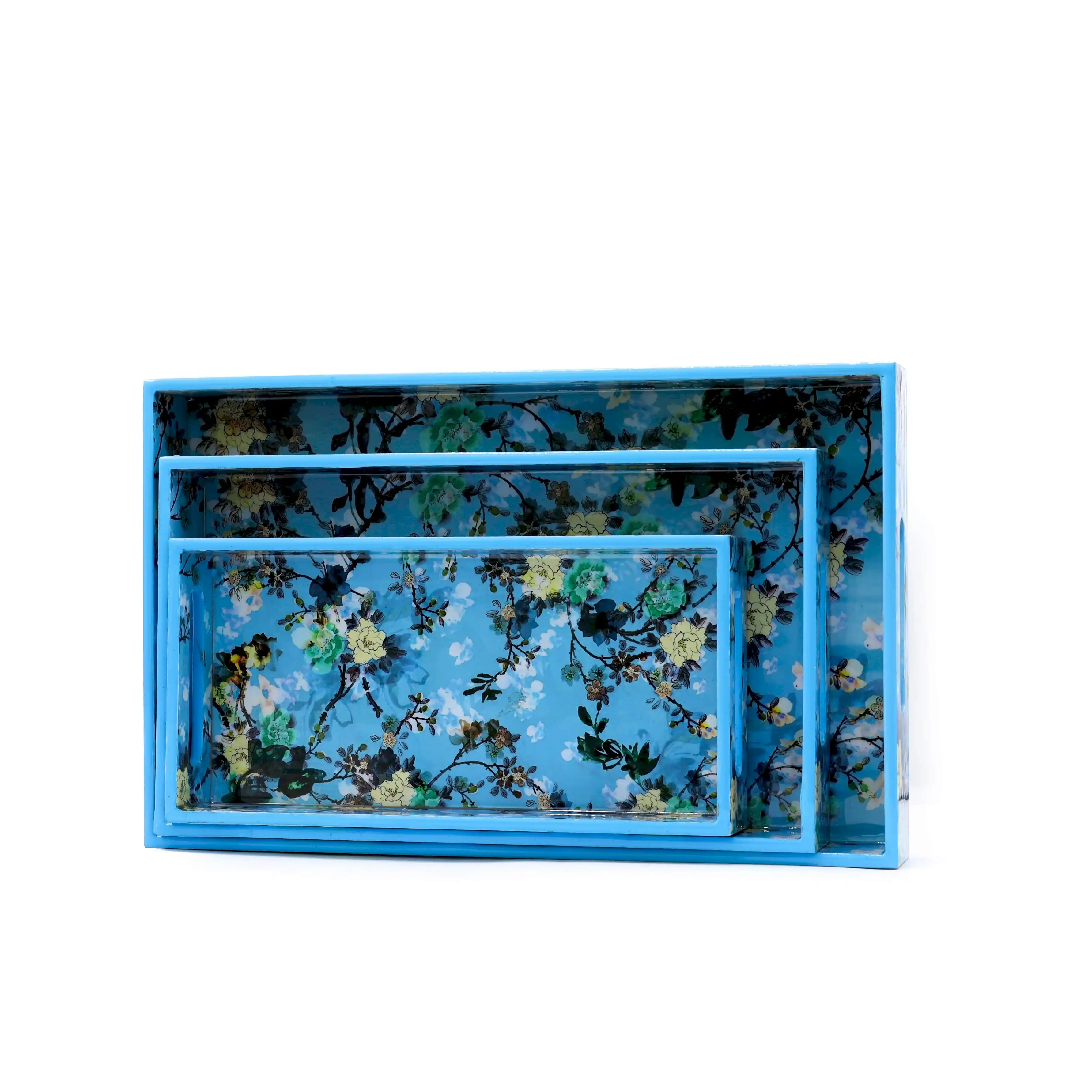 Çiçek Desenli Mavi Ahşap Tepsi Seti Küçük Boy