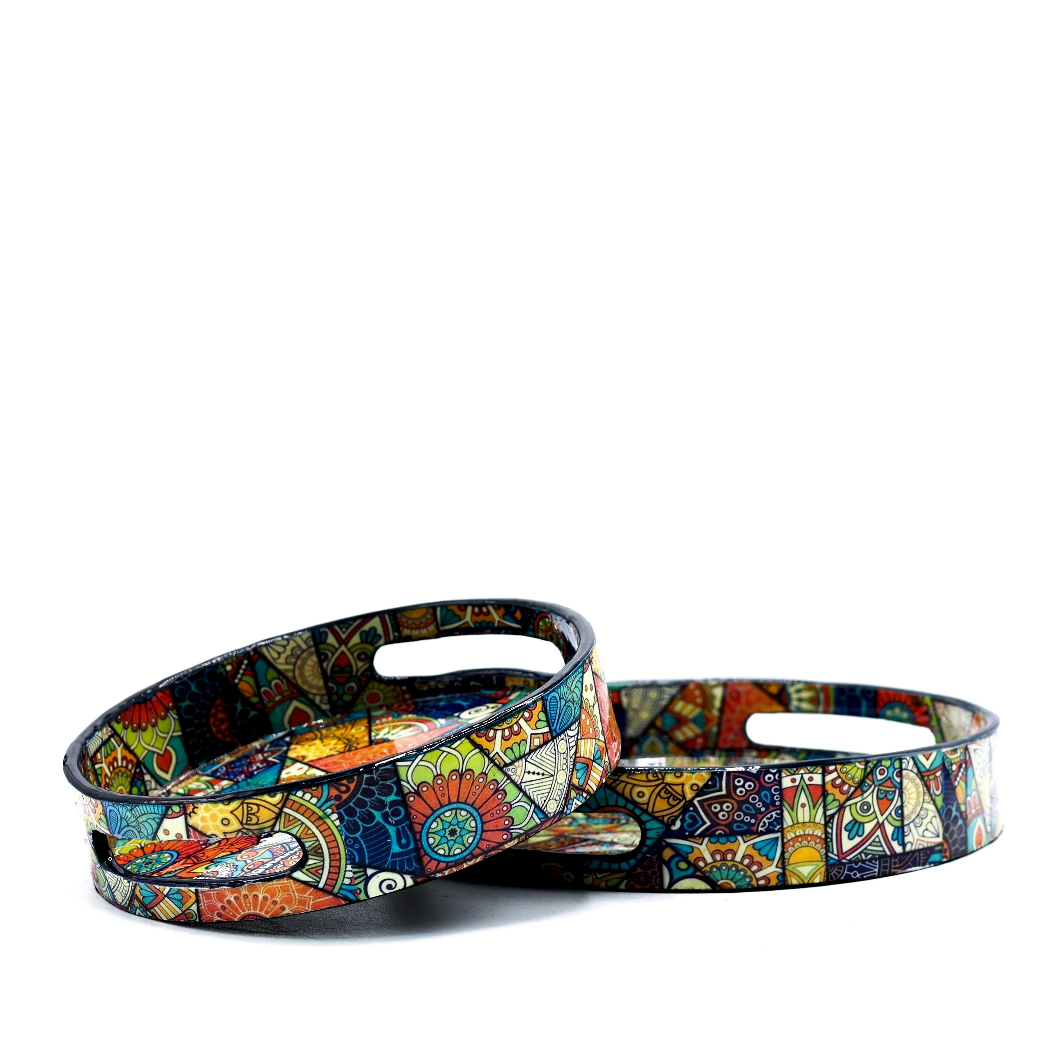 Desenli Yuvarlak Ahşap Tepsi Büyük Boy