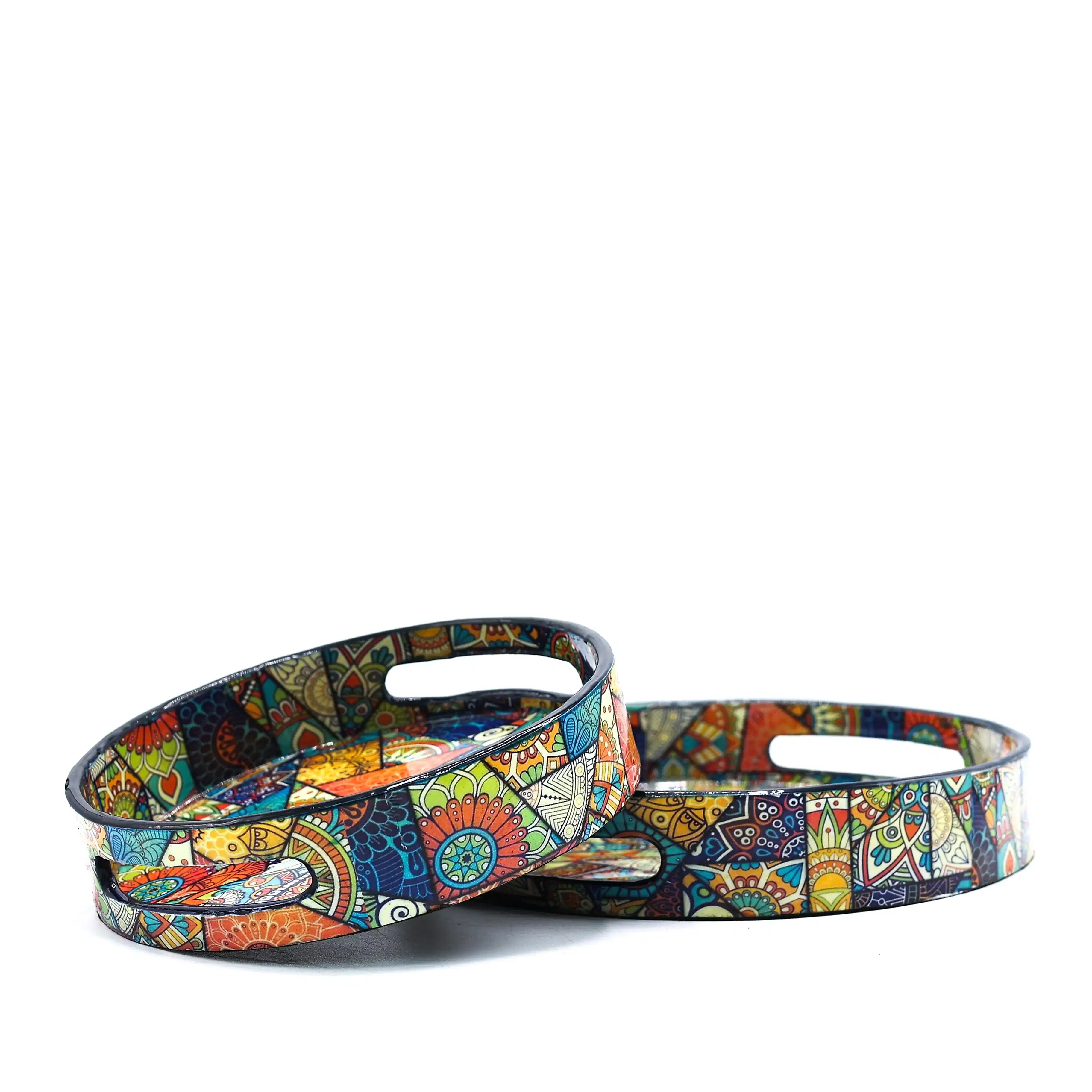 Desenli Yuvarlak Ahşap Tepsi Orta Boy