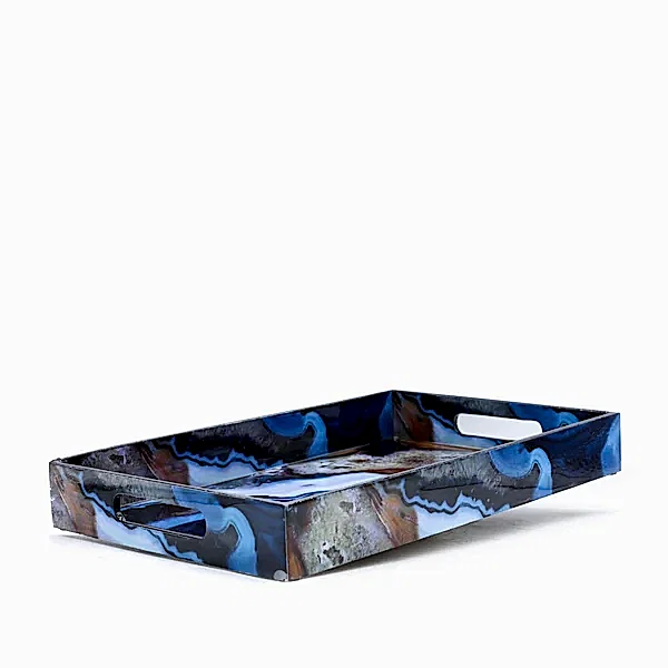 Mavi Desenli Ahşap Tepsi Büyük Boy