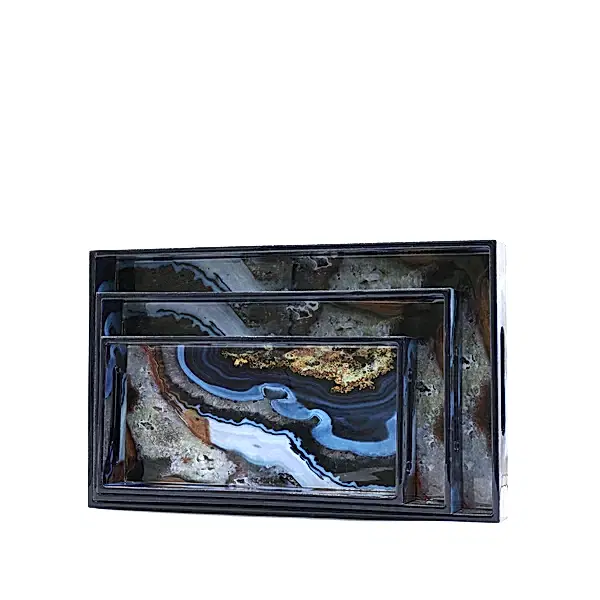 Mavi Desenli Ahşap Tepsi Büyük Boy