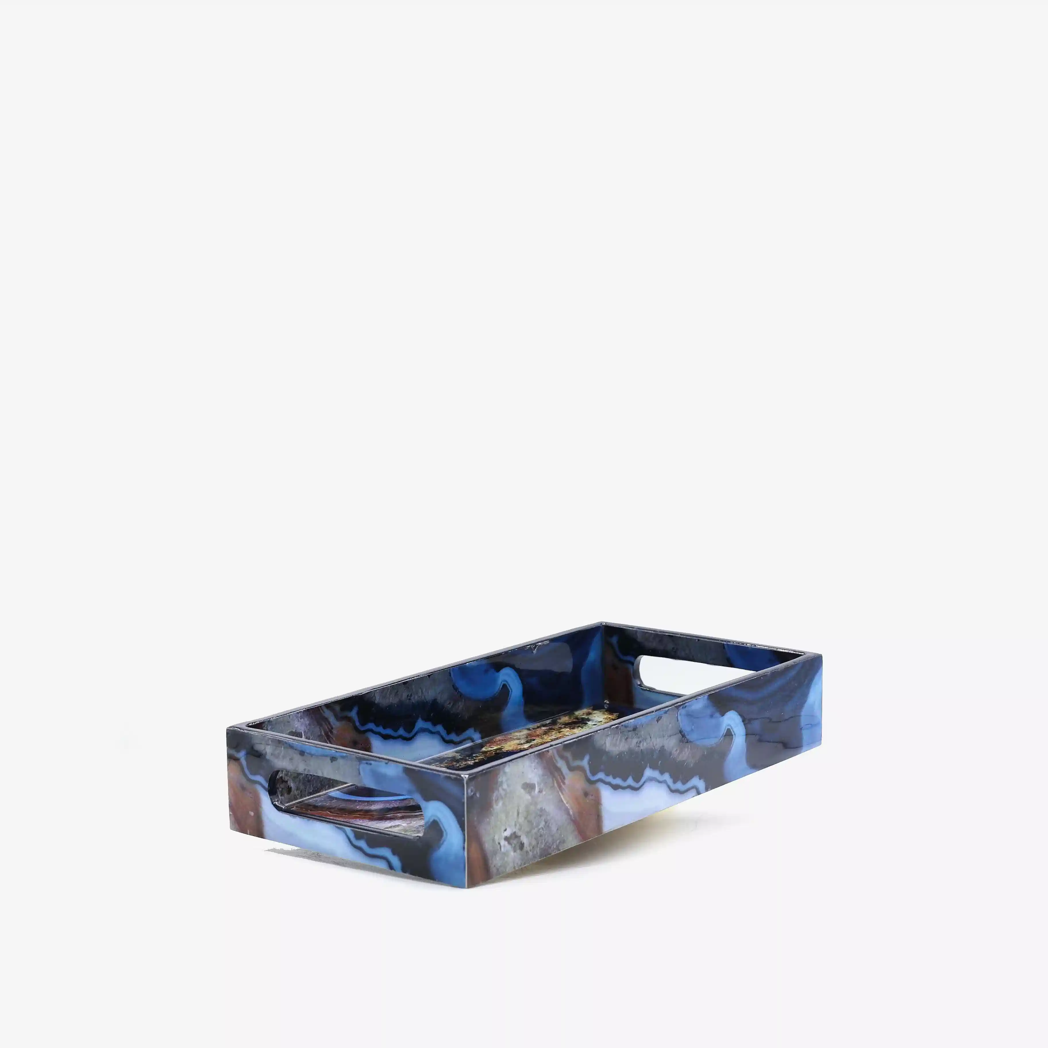 Mavi Desenli Ahşap Tepsi Küçük Boy