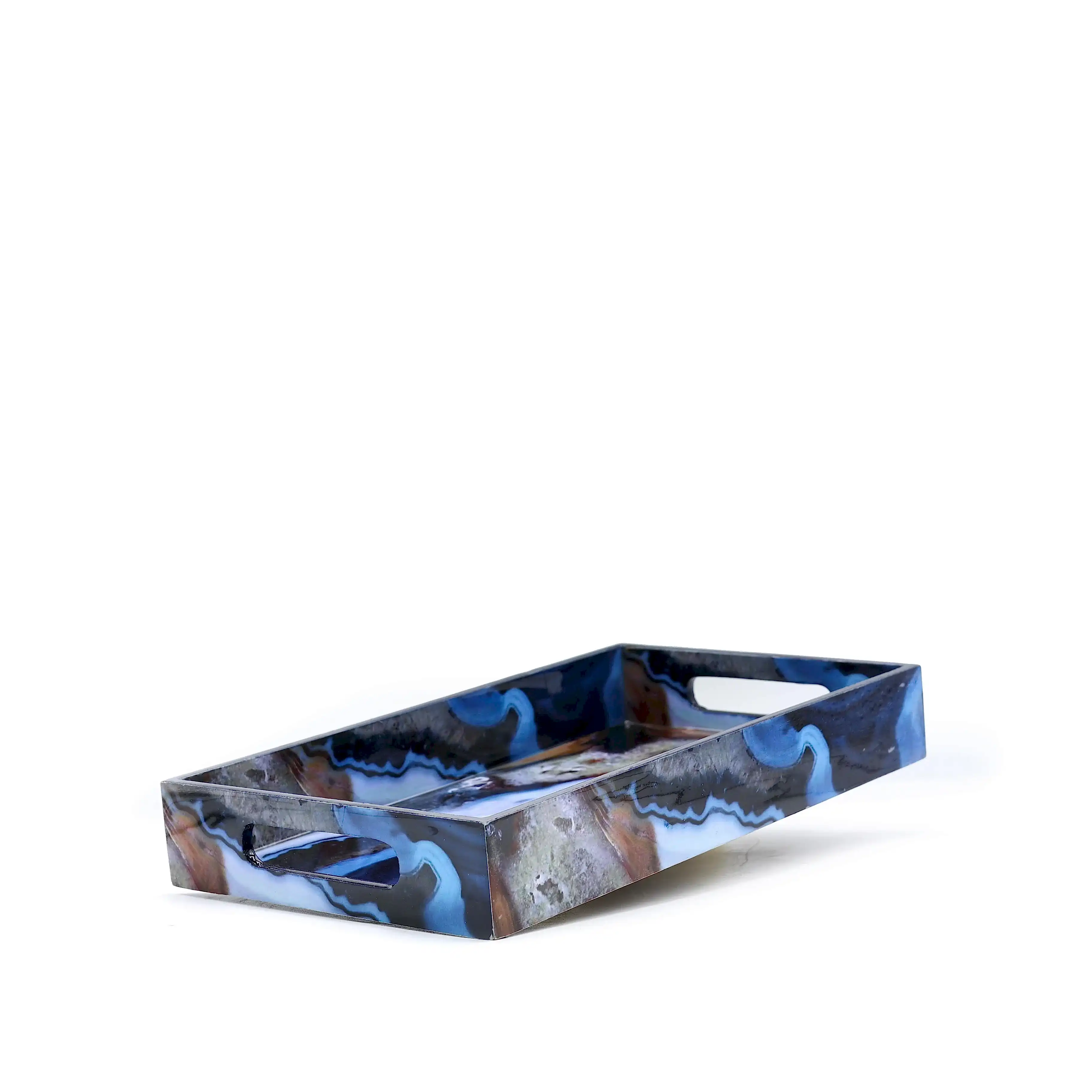 Mavi Desenli Ahşap Tepsi Orta Boy