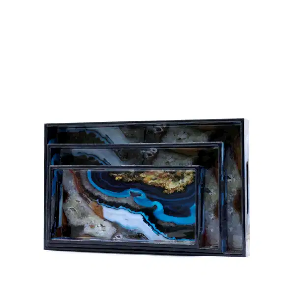 Mavi Desenli Ahşap Tepsi Orta Boy