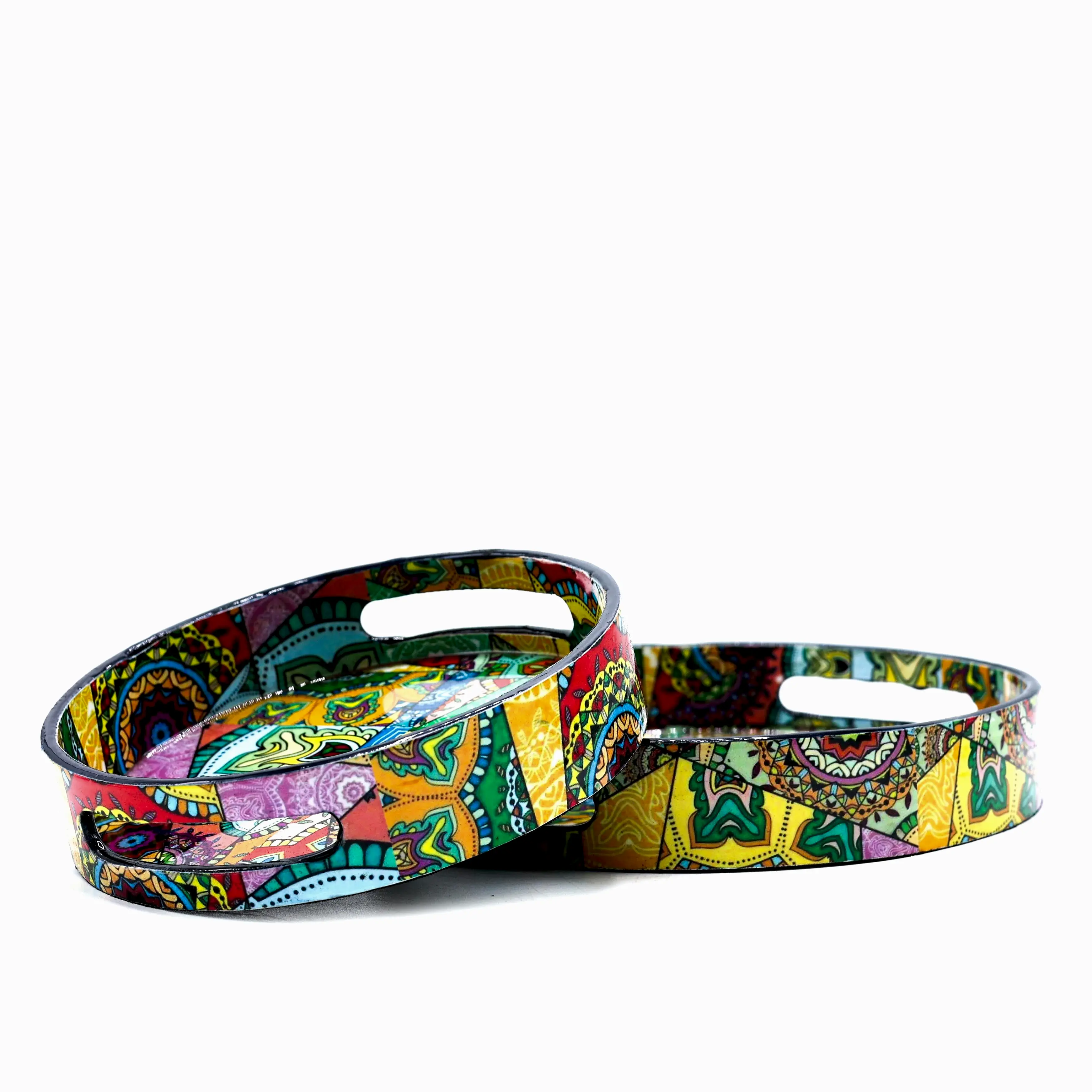 Renkli Yuvarlak Ahşap Tepsi Orta Boy